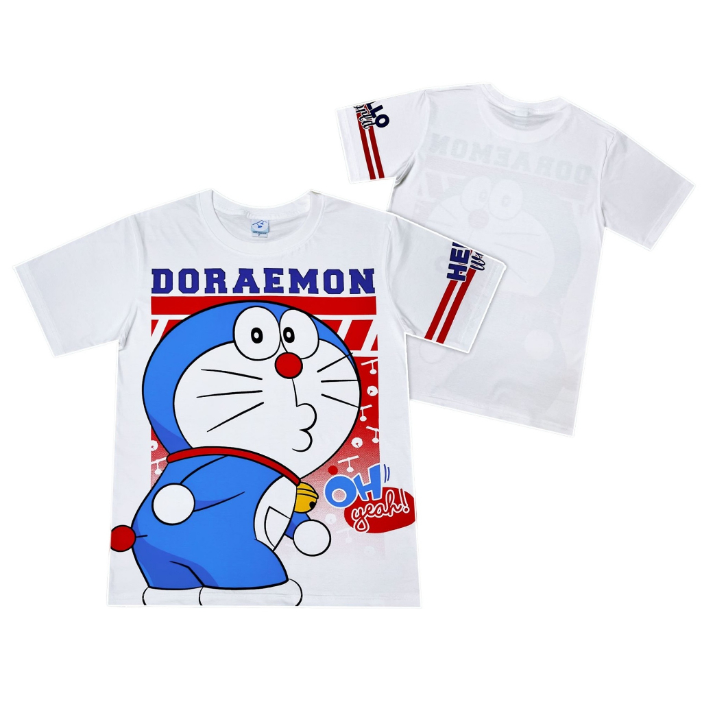 เสื้อยืดสีขาว คอตตอน เสื้อผ้าลายการ์ตูนลิขสิทธิ์แท้ เสื้อแขนสั้น แฟชั่น Doraemon โดราเอมอน แมวสีฟ้า 