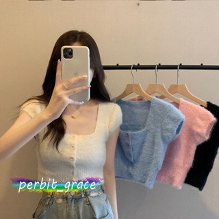 perbit_grace 9323-8# คอเหลี่ยม ผอมก็ผอม โมแฮร์ บาง เสื้อแขนสั้นอารมณ์