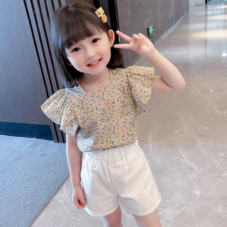 Babyonline (Y044)C4 (ส่งด่วน1วัน)ชุดเซ็ตเสื้อกางเกงขาสั้นเด็กลายดอกไม้แขนระบายสุดน่ารัก ผ้าฝ้าย