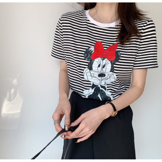 พร้อมส่ง✅ 💥💥 เสื้อยืดคอกลม ลายริ้วสกรีนมิ้กกี้ ผ้าเนื้อดีใส่สบาย