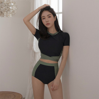 40-58kg Womens high waist  swimsuit ชุดว่ายน้ำ แขนสั้น เอวสูง เก็บพุง น่ารัก ใส่สวย ไม่โป๊ ทูพีช 2ชื่น 2005