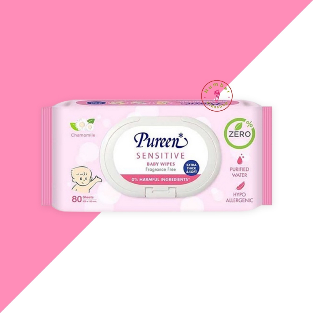 PUREEN (เพียวรีน) NC001 ทิชชู่เปียก (แพ็คx4ห่อ) สีฟ้า,ชมพู 80 แผ่น BABY WIPES SENSITIVE