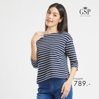 Gsp เสื้อยืด เสื้อยืดผู้หญิง Lucky Stripe Shirt (Long) เสื้อ Lucky Stripe แขนยาวสีขาวกรม (PYAQNV)