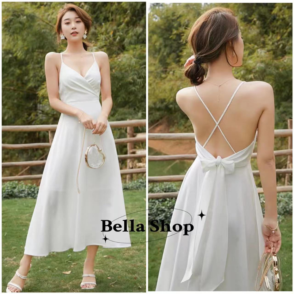 Bella🌻เดรส👗เสื้อผ้าเดินทางชุดเดรสสายเดี่ยวสีขาวเข้ารูปเซ็กซี่คอวี✨พร้อมส่งจากกทม มาถึงใน 3-5 วัน
