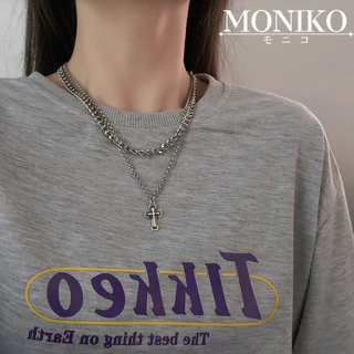 MONIKO สร้อยคอโซ่เงิน สองชั้น จี้ไม้กางเขน ประดับเพชร สไตล์ฮิปฮอป
