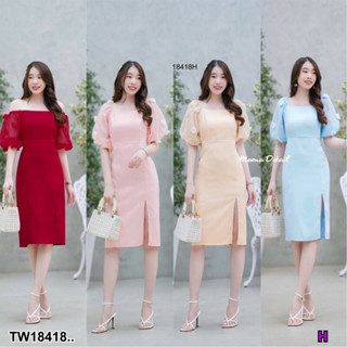 TT18418 เดรสปาดไหล่ แขนปอมๆ สีพื้น .Shoulder revealing dress, pom sleeves, floor color..