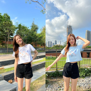 Last of🦋 เสื้อครอป Honey Mood 🍯 เสื้อยืดทรง baby crop  ผ้า cotton 100% ใส่นุ่มสบาย อก : 32-36 ยาว 16