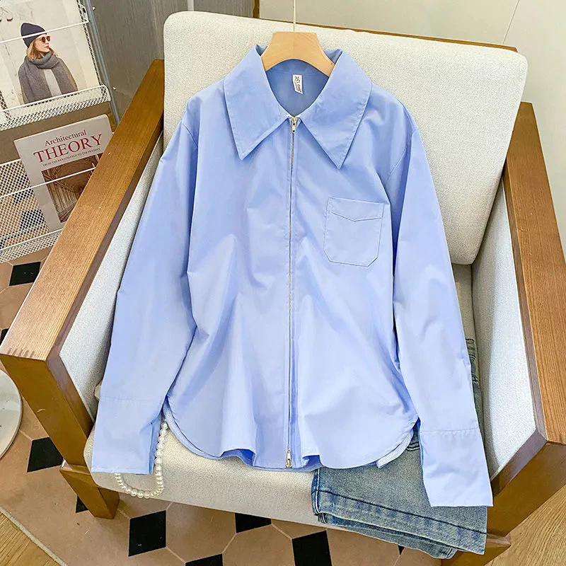 เสื้อเชิ้ตแขนยาวผู้หญิง Oversize เสื้อดีไซน์ใหม่มีซิปและคอปกขนาดใหญ่ เสื้อผ้าแฟชั่นโอเวอร์ไซส์เกาหลี ทรงหลวม ยาวปานกลาง thumbnail 5
