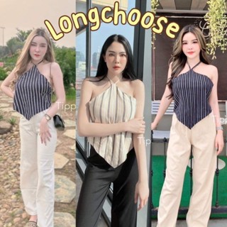 striped set set2ชิ้น เสื้อครอปสายเดี่ยวคล้องคอ ทรงชายแหลม ลายทาง +กางเกงขายาวเข้าชุด ชุดใส่ไปทะเล คาเฟ่ ป้ายtippawan