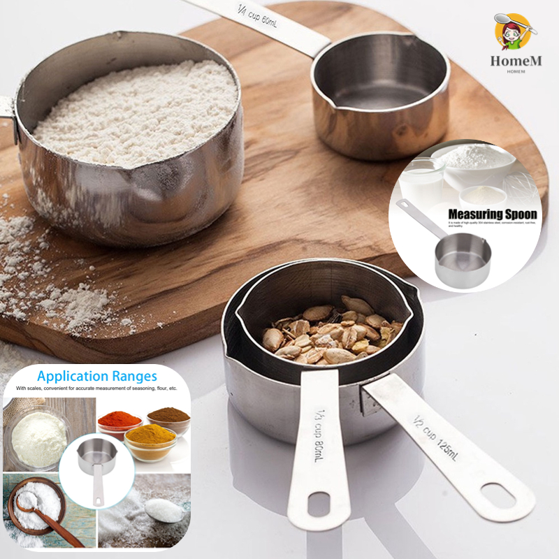 Helper Homemall ถ้วยตวงสแตนเลส ช้อนตวงสแตนเลส 304 พร้อมสเกลอุปกรณ์ครัว ถ้วยตวงสแตนเลสแบบหนา 4 ขนาด(60ml/80ml/125ml/250ml)