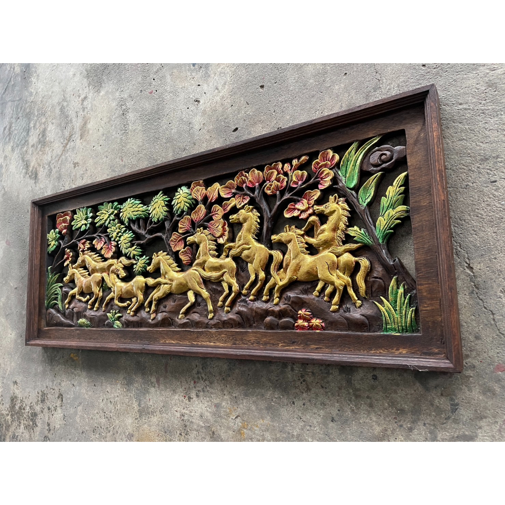 กรอบรูปไม้แกะสลัก ฝูงม้าวิ่ง ไม้จามจุรี 38x100 cm หนา ½ นิ้ว ม้า 8เซียน  ม้ามงคล  งานไม้ แกะสลัก ตกแต่ง ผนัง - รูปที่ 7