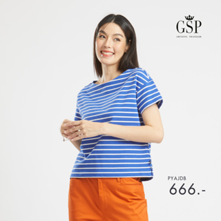 GSP เสื้อยืด เสื้อยืดผู้หญิง Blouse เสื้อยืดแขนสั้นลายริ้วสีน้ำเงิน Lucky Stripes (PYAJDB)