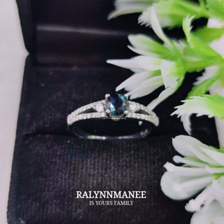 R6453 แหวนพลอยไพลินเผาเก่าจันทบุรีแท้ ( Blue sapphire ) ตัวเรือนเงินแท้ 925 ชุบทองคำขาว ไซส์ 55 แก้ไซส์ฟรี