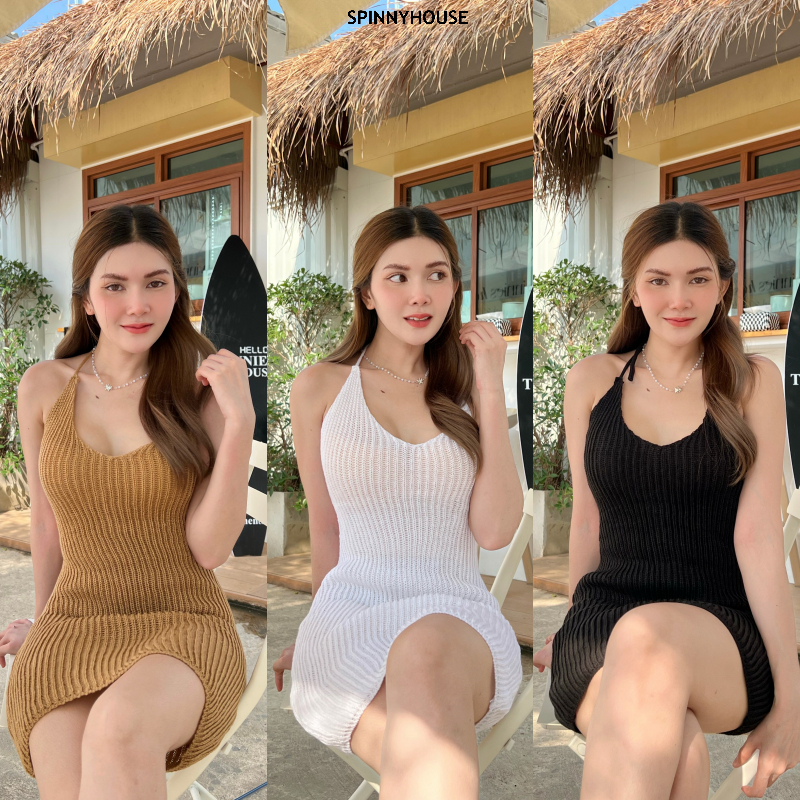 Spinnyhousestudio มินิเดรส เดรสไปทะเล ผ้าไหมพรม ใส่แล้วดูแพง เดรสเกาหลี เผ็ชมาก รุ่น เดรสผูกคอหลัง ไส้ไก่ E102A