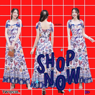 TW18538 Maxi dress ผูกไหล่ลายดอกผ้าเชิง