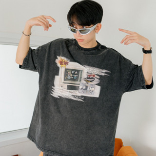 TAPE VINTAGE T-shirt เสื้อยืดแขนสั้นทรงโอเวอร์ไซส์ผ้าฟอก