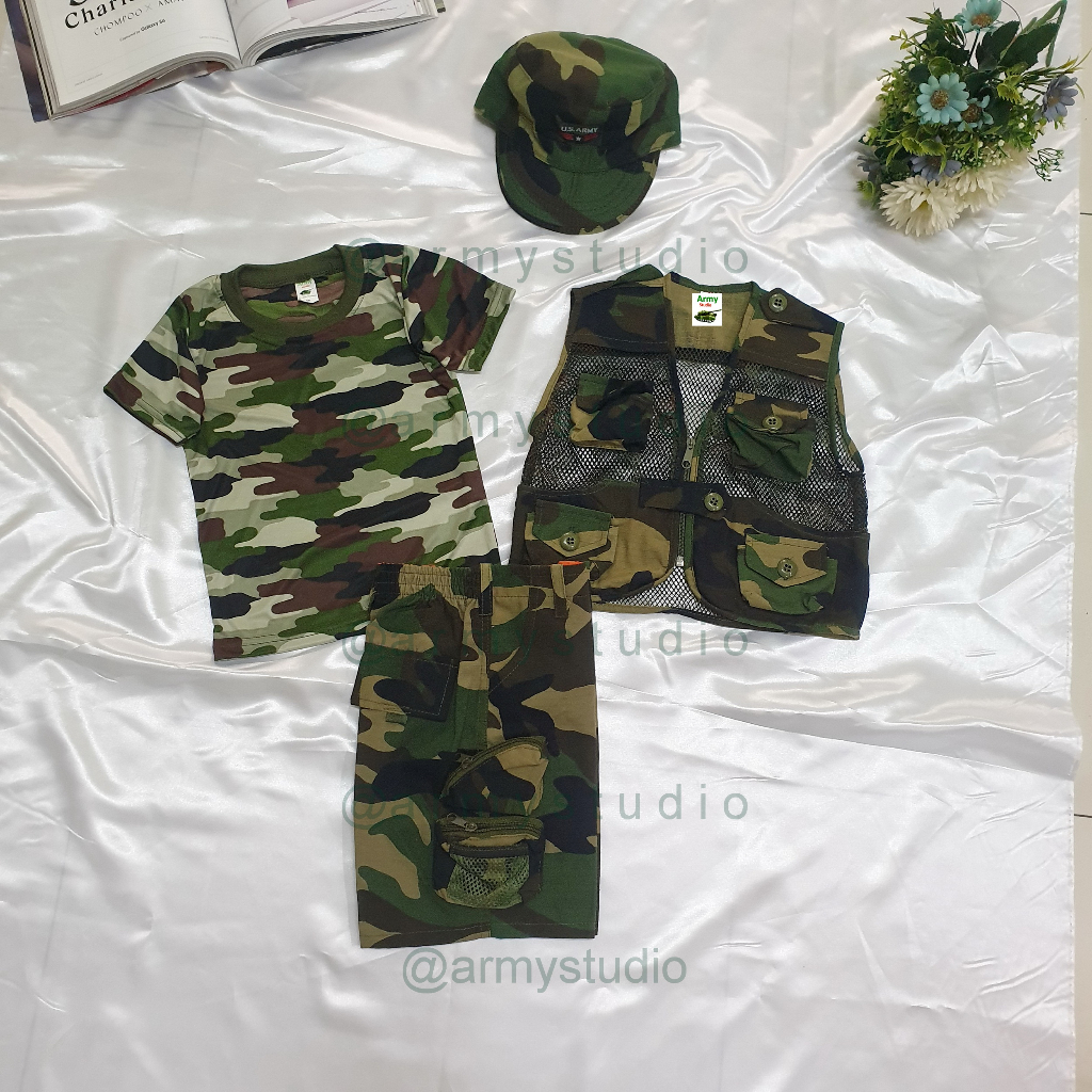 ชุดเสื้อกั๊กทหารเด็ก กางเกงขาสั้น ขายาวพร้อมหมวกและเสื้อยืด