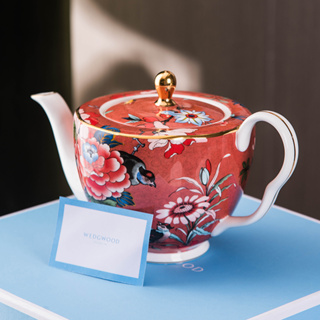 UK WEDGWOOD Bright Red Peony Coral Large Tea Pot Flower Tea Tea Set Wedge Gift Box