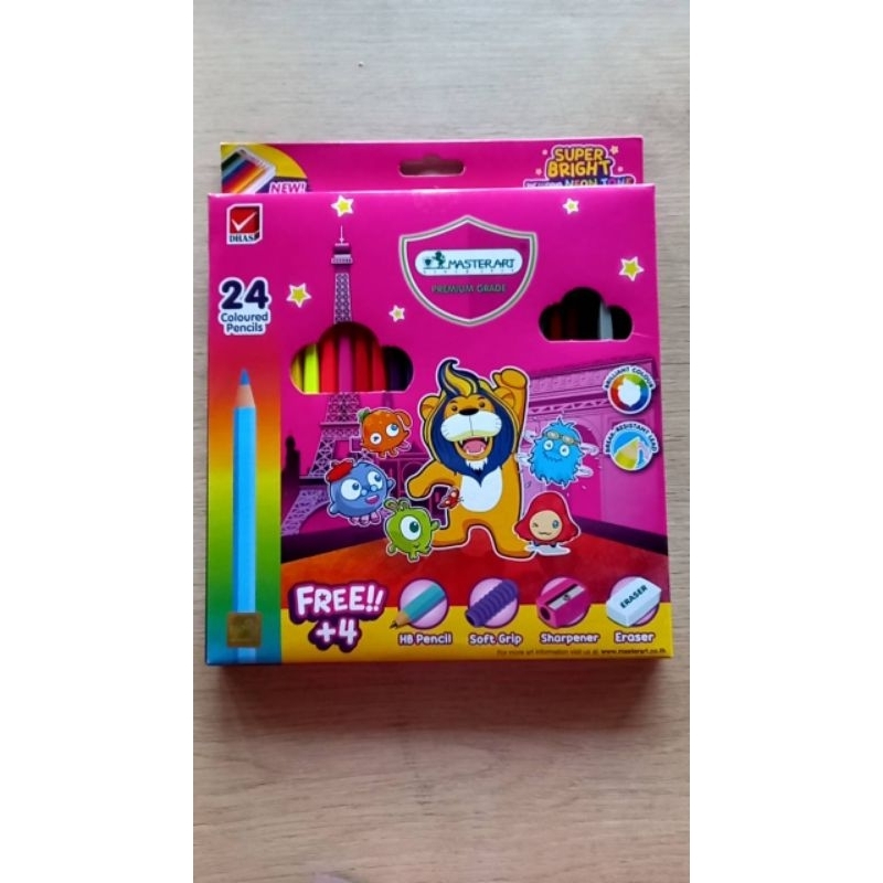 สี​ไม้ยาว​  24​  สี MASTER​ ART​  รุ่น​ SUPER​ BRIGHT​ แถม​ ดินสอ​ ฟองน้ำ​จับ​ดินสอ​ กบ​เหลา​  ยางลบ​