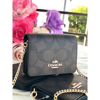 (ผ่อน0%) กระเป๋าสะพายข้าง COACH 6650 MINI WALLET ON A CHAIN IN SIGNATURE CANVAS 4 นิ้ว สายโซ่สีทอง ลายซี สีน้ำตาลเข้ม