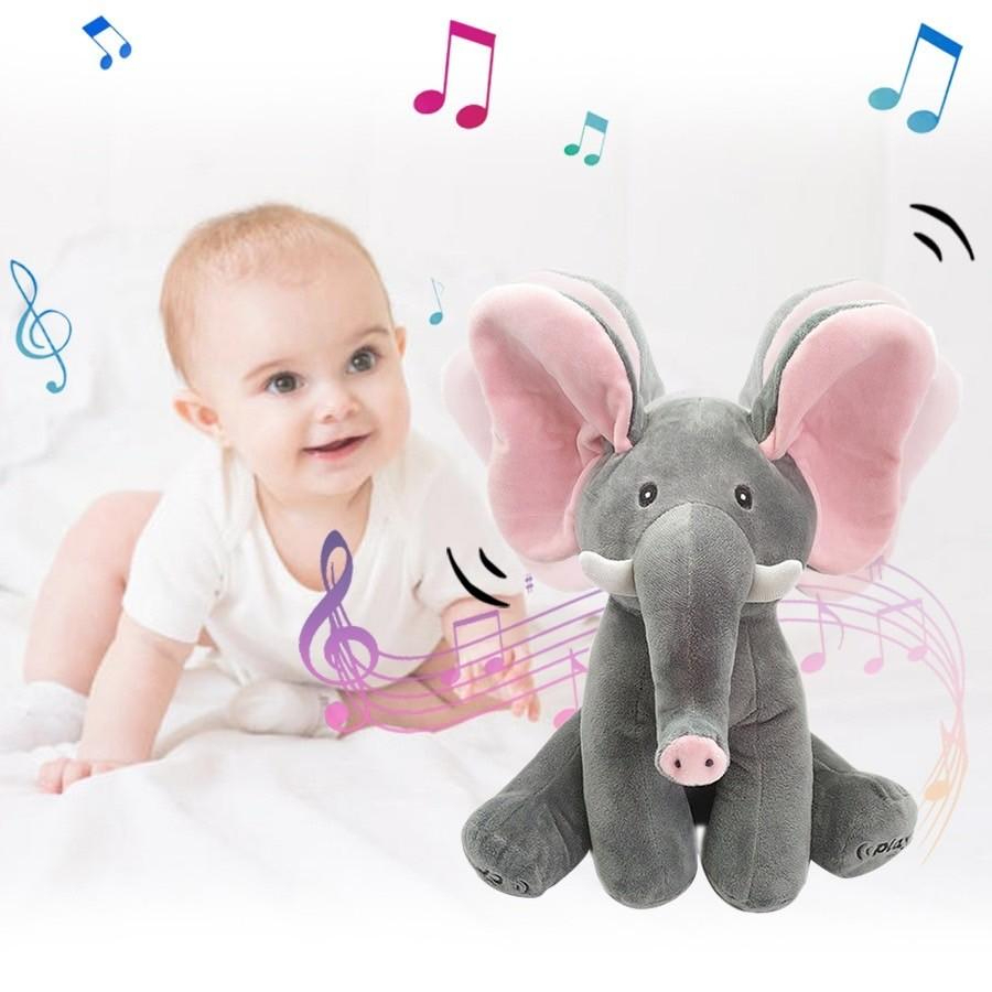 **พร้อมส่ง** ตุ๊กตาช้างจ๊ะเอ๋ เปิดตาปิดตา น่ารักมากๆเลยสามารถเล่นได้ทุกวัยเปิดเสียงเพลงและพูดที่เท้า
