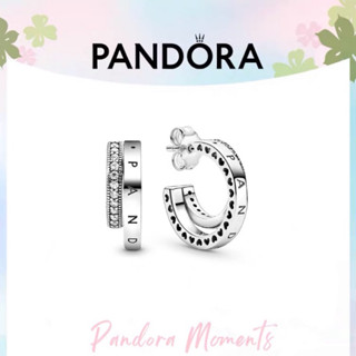 [ส่งจากกรุงเทพ]Pandora เงิน925 ต่างหู ตุ้มหู ต่างหูหนีบ pavé-set double hoop earrings เครื่องประดับแฟชั่นสตรี ของแท้100%