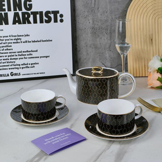 W FAMILY Aris Gold Geometric Black Bone Porcelain European Coffee Pot Double Cup Dish