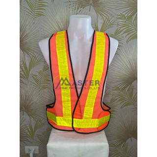 เสื้อจราจรสะท้อนแสง Safety Vest เสื้อสะท้อนแสง รุ่นทรงวี แถบ 2" สีส้มแถบเขียว MT013