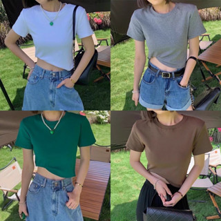 Lady_Girl⚡️6010/AH#สื้อยึดเเฟชั่นคอกลมสีพื้นเรียบ#เสื้อใหมพรมแขนสั้นทรงเข้ารูปสไตล์เกาหลี