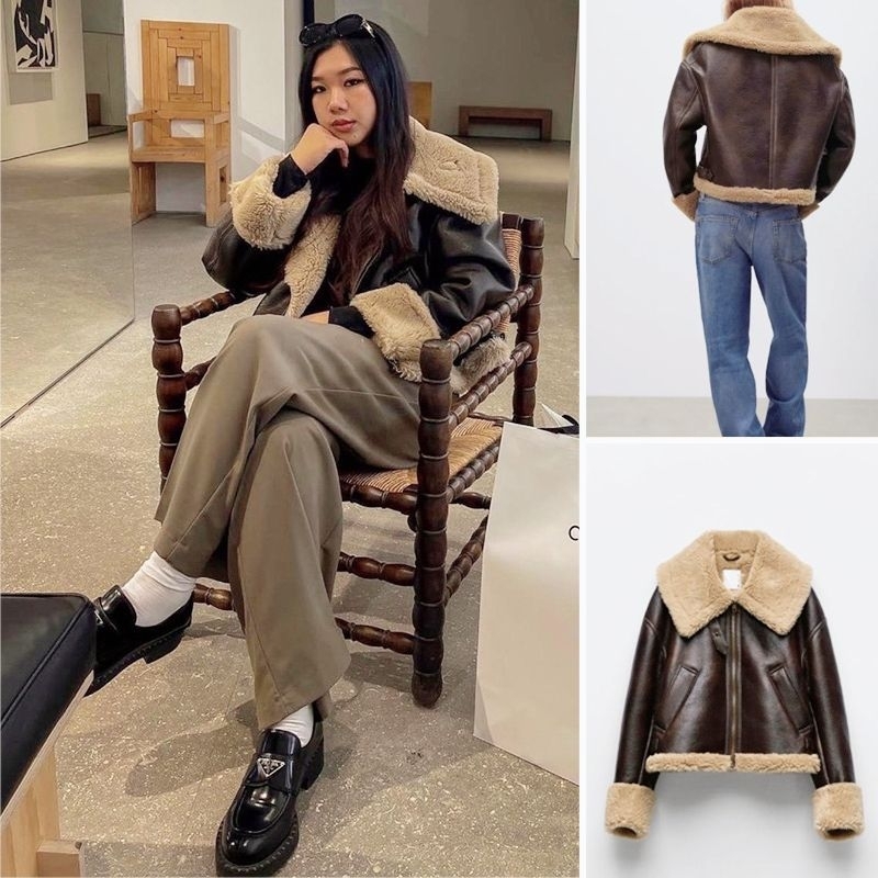 พร้อมส่ง 2สี เสื้อหนังบุขนแกะสีครีมกันหนาว *เริ่มต้นขนาดใหญ่ อ่านขนาดก่อนสั่งค่า* (T121) - รูปที่ 3