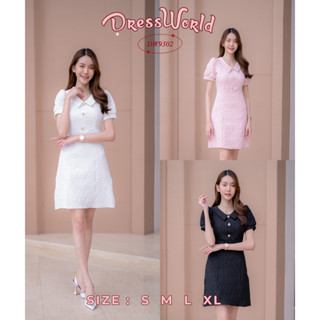 (เช็คของก่อนโอนเงิน) {S-XL} งานป้าย Dress World ชุดเดรสสั้นคอปก ผ้าลายดอกนูน แต่งกระดุม ดูแพงเลยจ้าชุดนี้ 9302