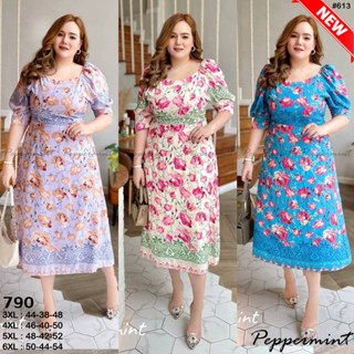 แมกซี่เดรส สาวอวบ ผ้าไหมเกาหลีพิมพ์ลายดอก สวยหรู ดูดีมาก อก40-50 Peppermint Plussize (613 B)