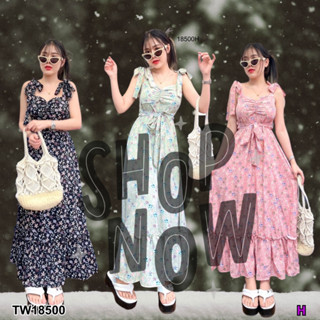 TW18500 Maxxi Dress สายผูกไหล่ 2 ข้าง ลายดอกไม้ มีสายผูกเอว