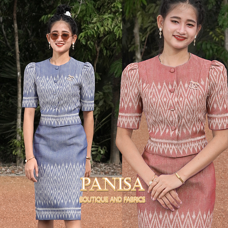 [PANISA] ชุดทำงานผ้าไทย สีฟ้าครามลายลูกแก้วใหม่