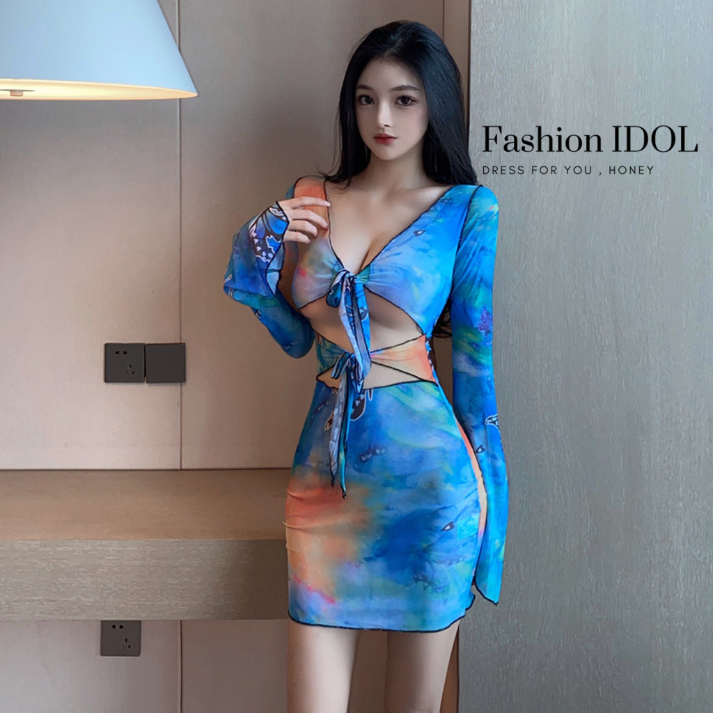 ชุดมินิเดรสแขนยาว พิมพ์ลายเว้าอกหลากสี เข้ารูปโชว์สัดส่วนสุดเซ็กซี่ F-081