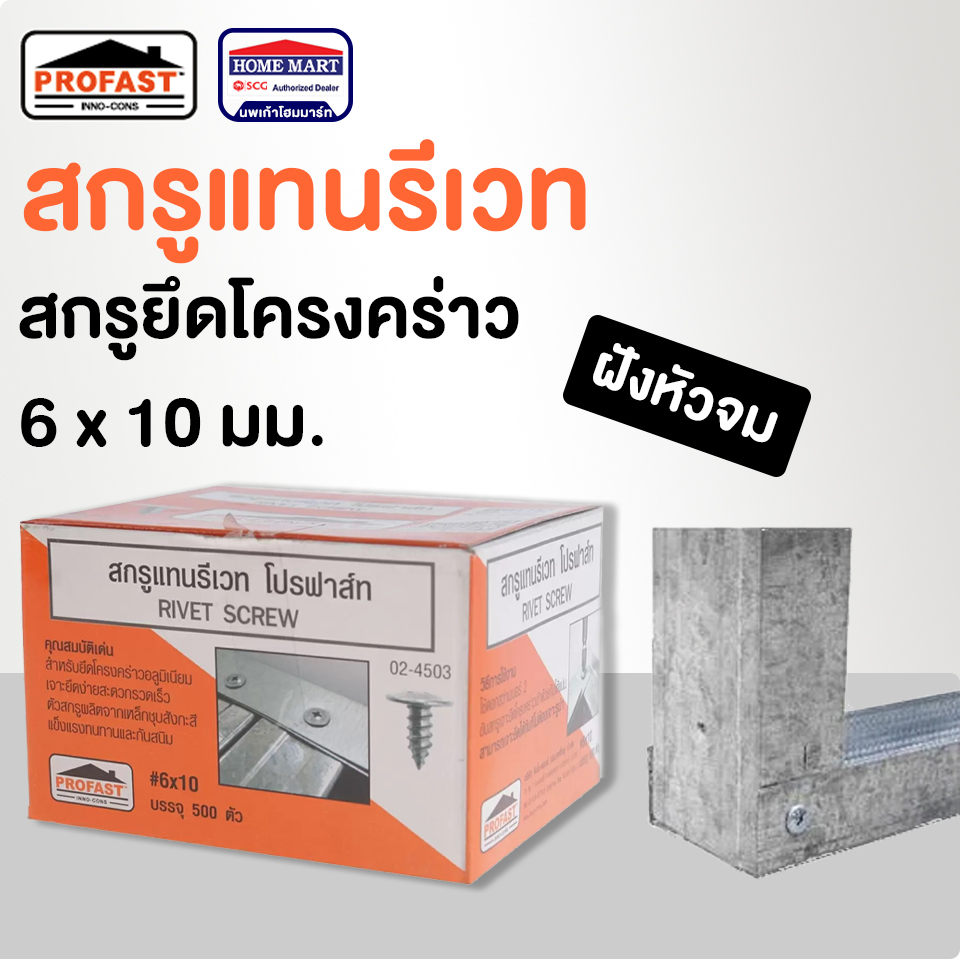 สกรูแทนรีเวท สกรูยึดโครงยิปซัม Profast 6x10 สกรูยึดโครงคร่าว สกรูยิงผนังเบา อลูมิเนียม