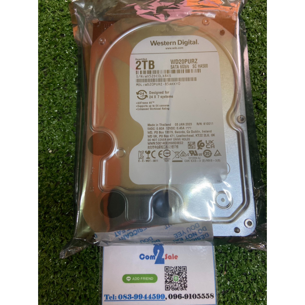ฮาร์ดดิสก์ 2TB HDD CCTV WD PURPLE (5400RPM, 64MB, SATA-3,WD20PURZ) ไม่ผ่านไฟ อยู่ในถุงซีลปิดผนึกประก