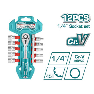 TOTAL ด้ามฟรีพร้อมลูกบล็อก 12ตัวชุด ขนาด1/2" และ 1/4” (THT-141121 / THT-14114126) ด้ามฟรี / ก๊อกแก๊ก