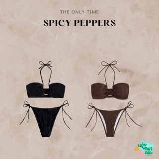 Spicy Peppers Bikini พร้อมส่ง ชุดว่ายน้ำบิกินี่สายฝอ บิกินี่ผ้าย่นคล้องคอ Thecoconutgirl