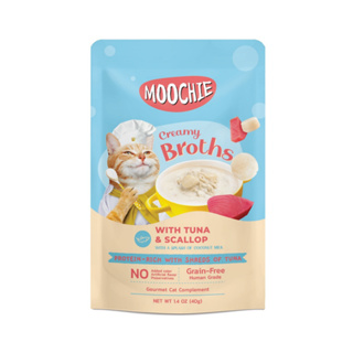 Moochie Creamy Broths มูชี่ ครีมมี่ อาหารเปียกสำหรับแมว รสทูน่าและหอยเชลล์ 40 g. x 16 ซอง