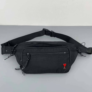 AMI DE COEUR ADC RED HEART METAL BLACK NYLON BELT BAG กระเป๋าคาดอก ผ้าไนล่อนสีดำ แต่งโลหะรูปหัวใจ