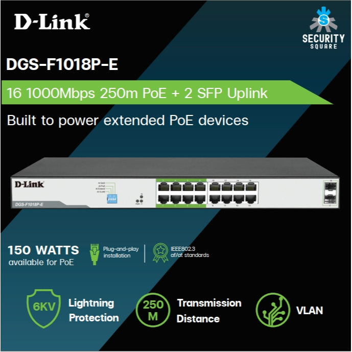 D-Link 250M 16-Port Unmanaged Gigabit PoE Switch with 2 SFP Ports รุ่น DGS-F1018P-E