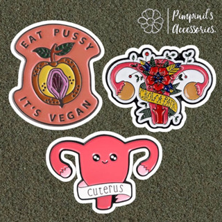 ʕ •ᴥ•ʔ ✿ พร้อมส่ง : เข็มกลัดเซ็ทเฟมินิสต์มดลูกและดอกไม้ | Feminist “CUTERUS” &amp; "CROW A PAIR" Uterus Enamel Brooch Pin