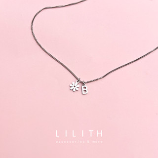 Lilith - Tiny Alphabet w/ flower charm สร้อยคอ stainless จี้อักษร A-Z จี้ดอกไม้