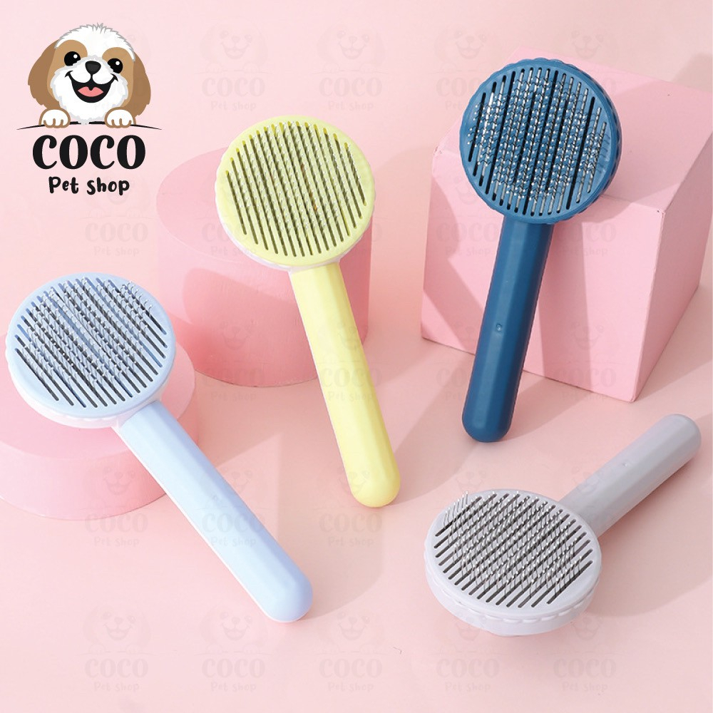 cocopet_shop หวีกำจัดขนสัตว์เลี้ยง แปรงขนสุนัขและแมว รุ่นเบสิค012 มีปุ่มดันขน ปรับหมุนหน้าแปรงได้ หน้ากลม