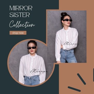 🔖ป้าย Mirrorsister 30205.4 ​เสื้อเชิ้ตคอปีนสีขาวงานปักทั้งตัว ปักลายวางผ้าลายทาง