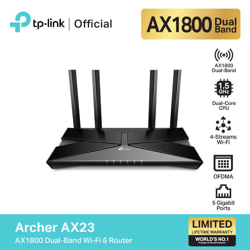 TP-Link Archer AX23 AX1800 Dual-Band เราเตอร์ไวไฟ6 (ไม่รองรับการใส่ซิม) สนุกกับเกมส์ออนไลน์ สตรีมมิ่ง การไลฟ์ที่ไม่สะดุด