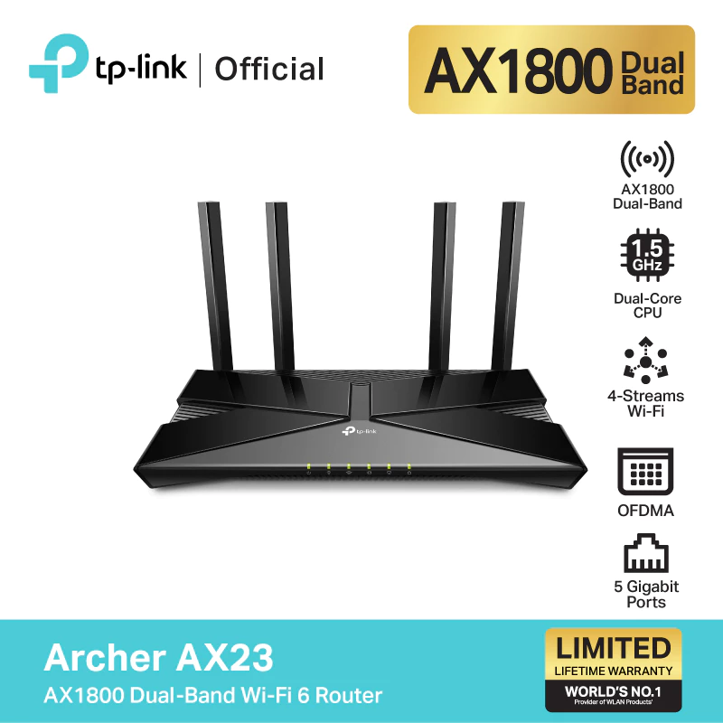 TP-Link Archer AX23 AX1800 Dual-Band เราเตอร์ไวไฟ6 (ไม่รองรับการใส่ซิม) สนุกกับเกมส์ออนไลน์ สตรีมมิ่ง การไลฟ์ที่ไม่สะดุด