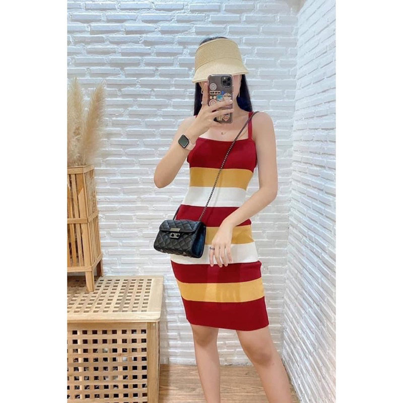 พร้อมส่ง📌เดรสสายเดี่ยวไหมพรมลายทาง🆕 - รูปที่ 3