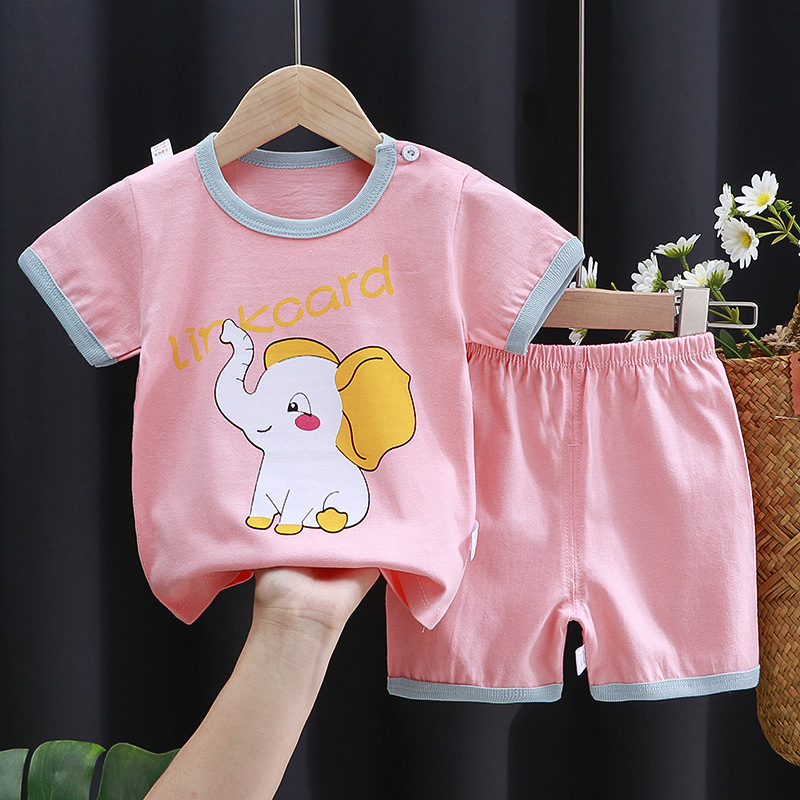 Babyonline(Y034)C4ชุดเช็ต2ชิ้นเสื้อแขนสั้นกางเกงขาสั้นลายการ์ตูน ผ้าฝ้าย100%